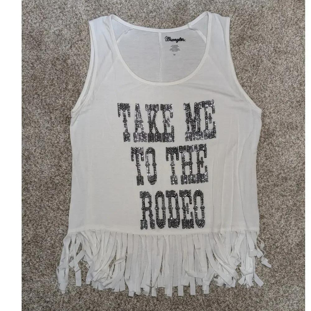 Wrangler "Take Me To The Rodeo" White Rhinestone Tank Top M - Picture 1 of 5